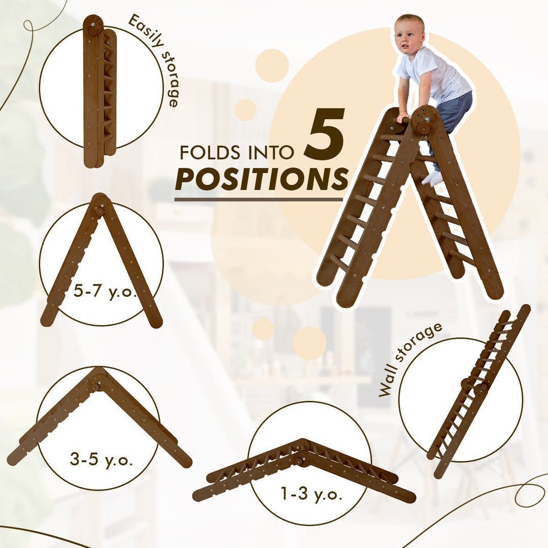 3in1 Montessori Climbing Set: Triangle Ladder + Slide Board + Net – Chocolate-1