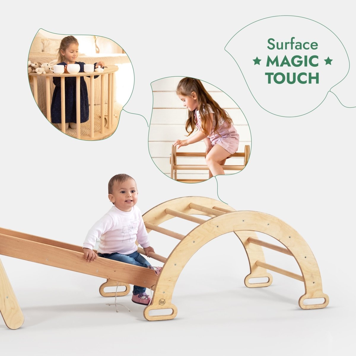 4in1 Montessori Climbing Set: Triangle Ladder + Climbing Arch + Slide Board + Net – Beige-3