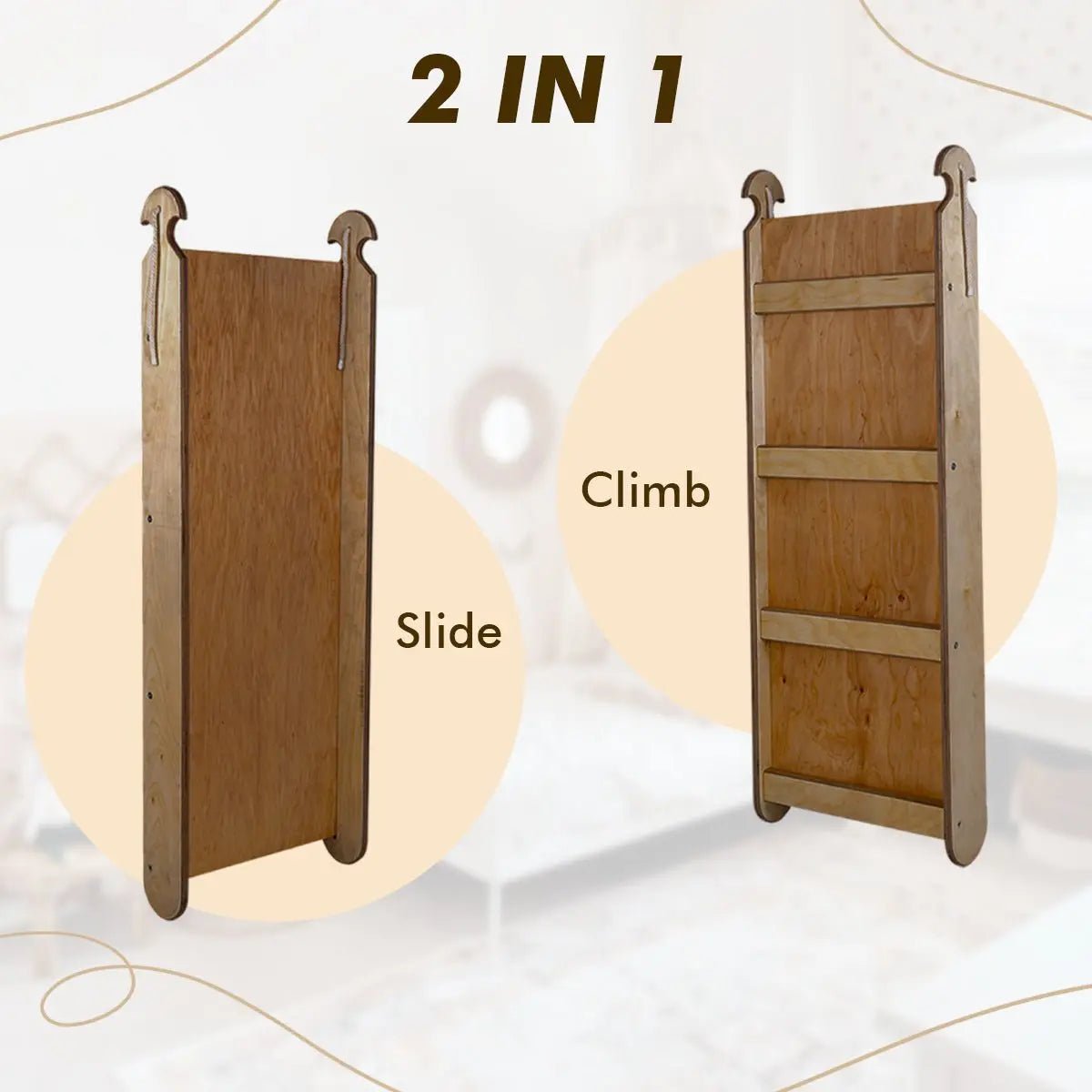 3in1 Montessori Climbing Set: Triangle Ladder + Slide Board + Net – Chocolate-2