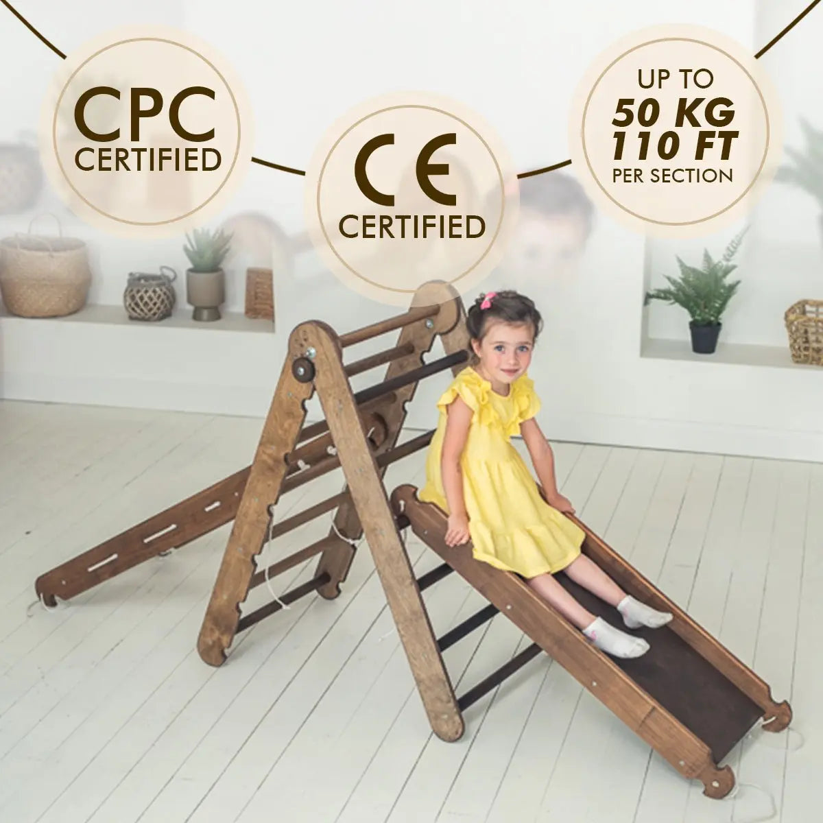 3in1 Montessori Climbing Set: Triangle Ladder + Slide Board + Net – Chocolate-3