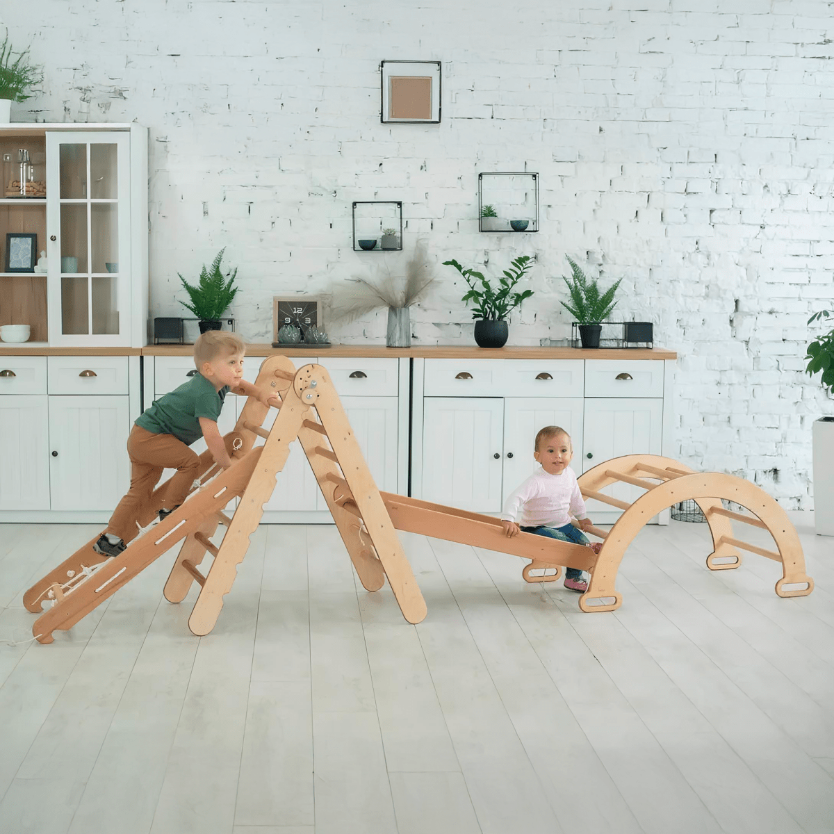4in1 Montessori Climbing Set: Triangle Ladder + Climbing Arch + Slide Board + Net – Beige-0