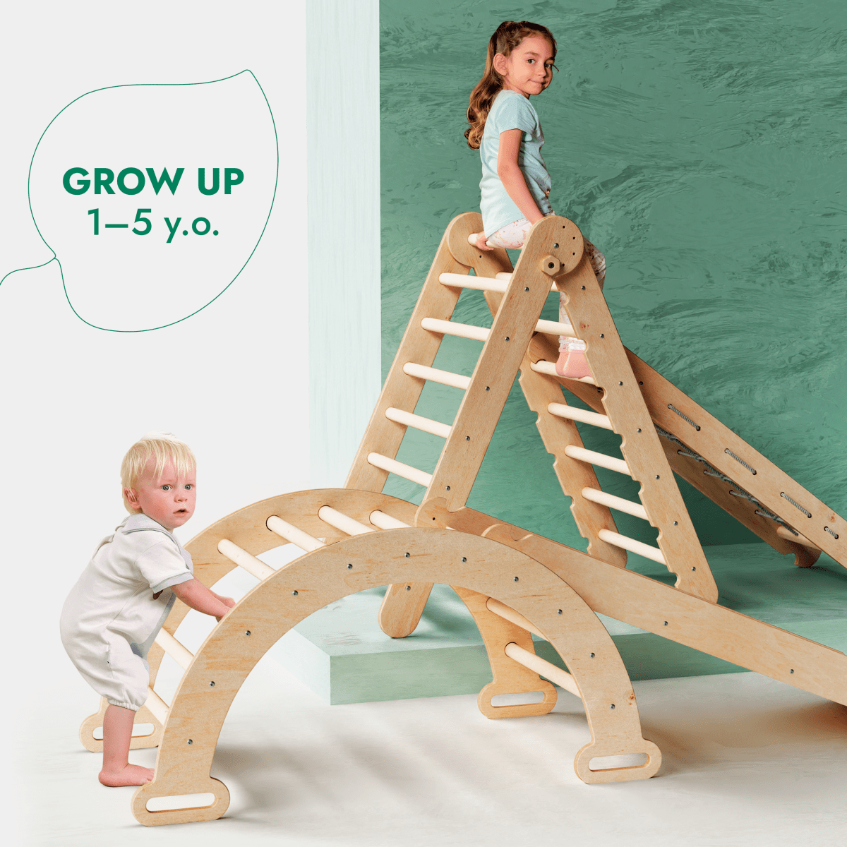 4in1 Montessori Climbing Set: Triangle Ladder + Climbing Arch + Slide Board + Net – Beige-4
