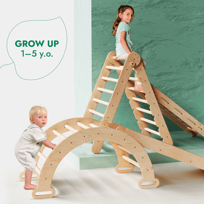 4in1 Montessori Climbing Set: Triangle Ladder + Climbing Arch + Slide Board + Net – Beige-4