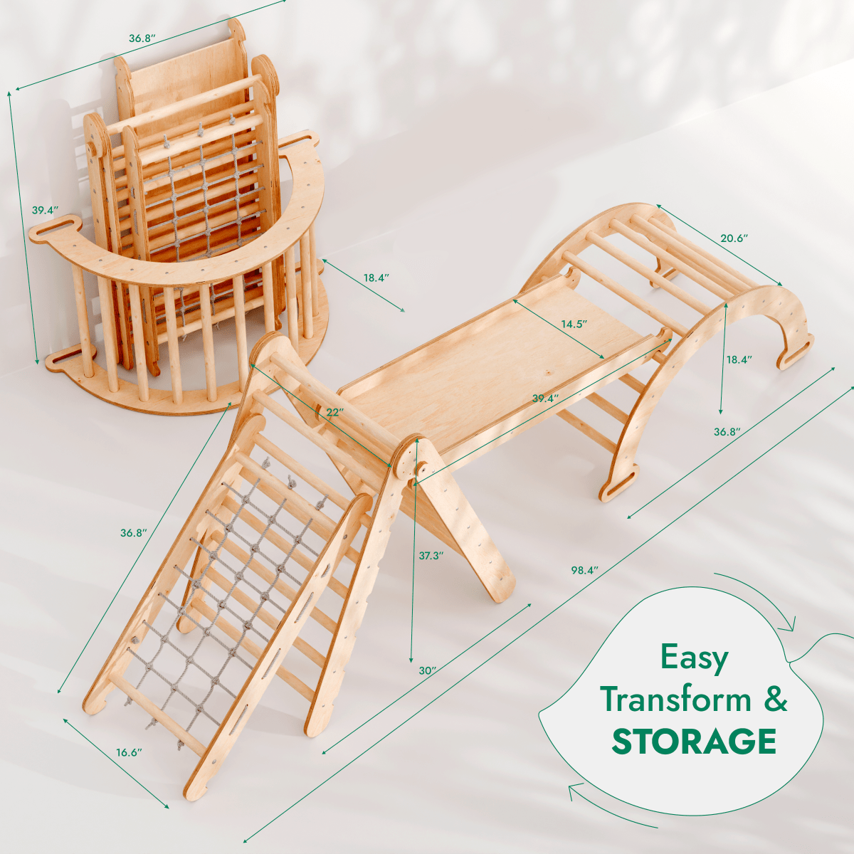4in1 Montessori Climbing Set: Triangle Ladder + Climbing Arch + Slide Board + Net – Beige-1