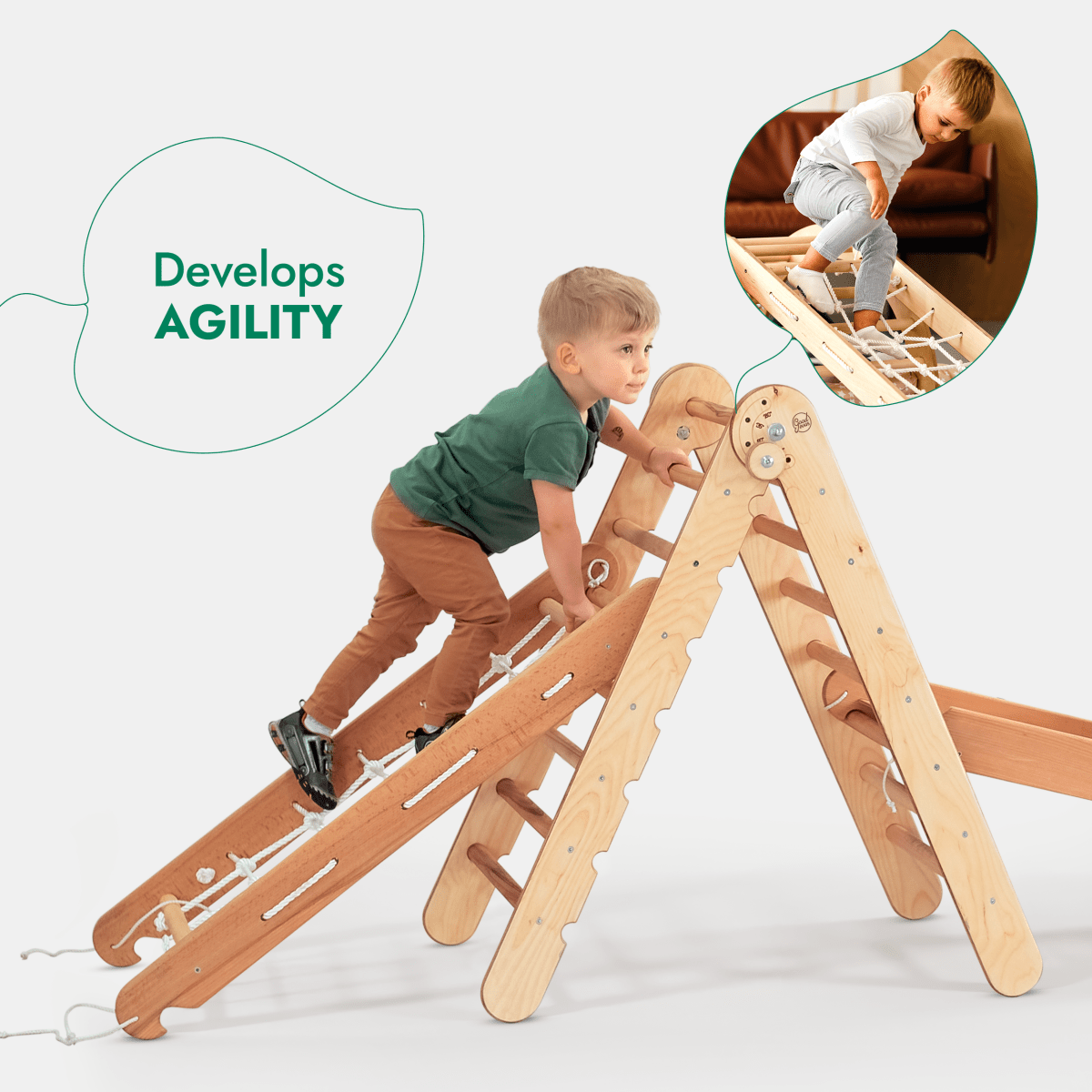 4in1 Montessori Climbing Set: Triangle Ladder + Climbing Arch + Slide Board + Net – Beige-2