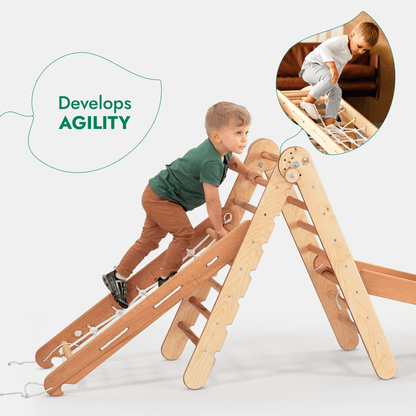 4in1 Montessori Climbing Set: Triangle Ladder + Climbing Arch + Slide Board + Net – Beige-2