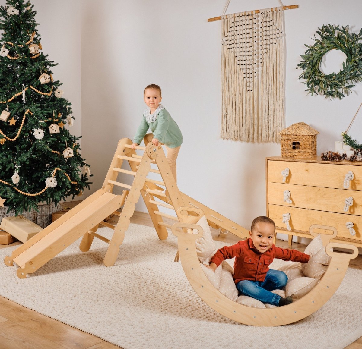 5in1 Montessori Climbing Set: Triangle Ladder + Arch/Rocker + Slide Board/Ramp + Netting rope + Cushion-0