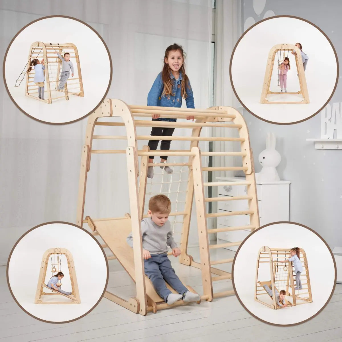 Indoor Wooden Playground for Children - 6in1 Playground + Swings Set + Slide Board-2